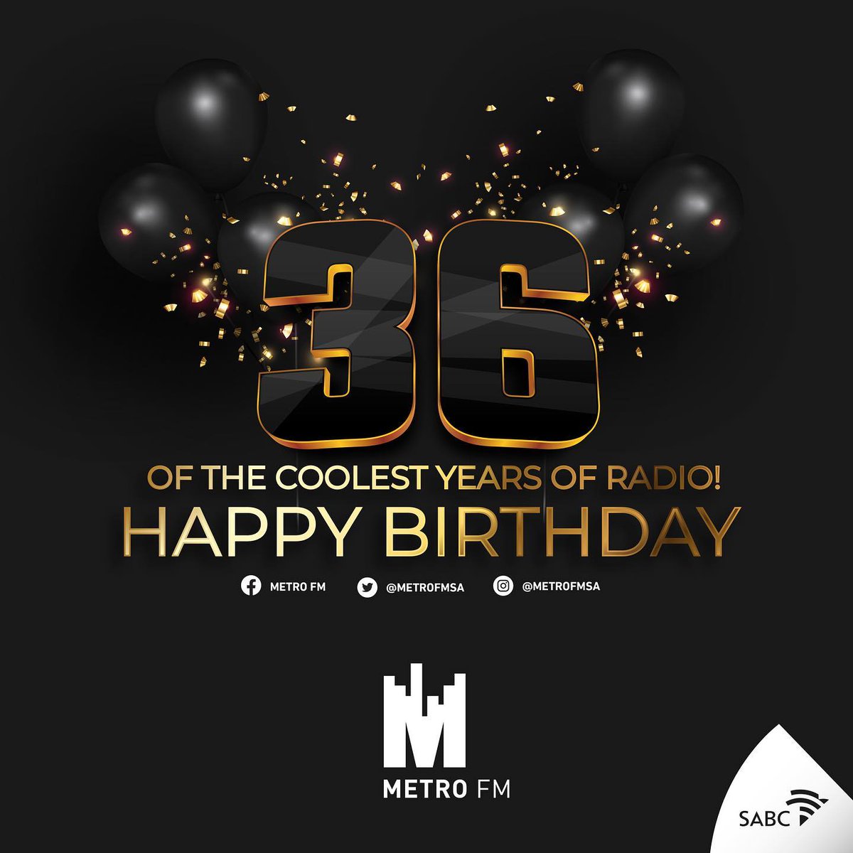 METROFMSA's tweet photo. 🎉🎉🎉This September, we celebrate 36 years of the coolest radio station!!! #36YearsofMETROFM

METRO FM, It's where you're at! https://t.co/jgKOfBUe5S