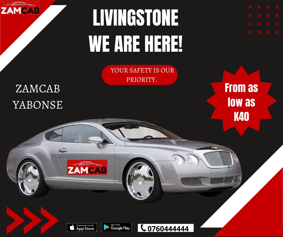 ZAMCAB24_7's tweet photo. Happy New Month!🎉 What a great way to begin the month! We are ZamCabbing in Livingstone!
Book a ride with ZamCab with prices starting from as low as K40! 

Download the ZamCab App👇🏽
Google play : 
https://t.co/LEQgt2M9RH
App store : 
https://t.co/IPEu4AIn9f

#zamcab
#Livingstone https://t.co/4ccJ89StDb