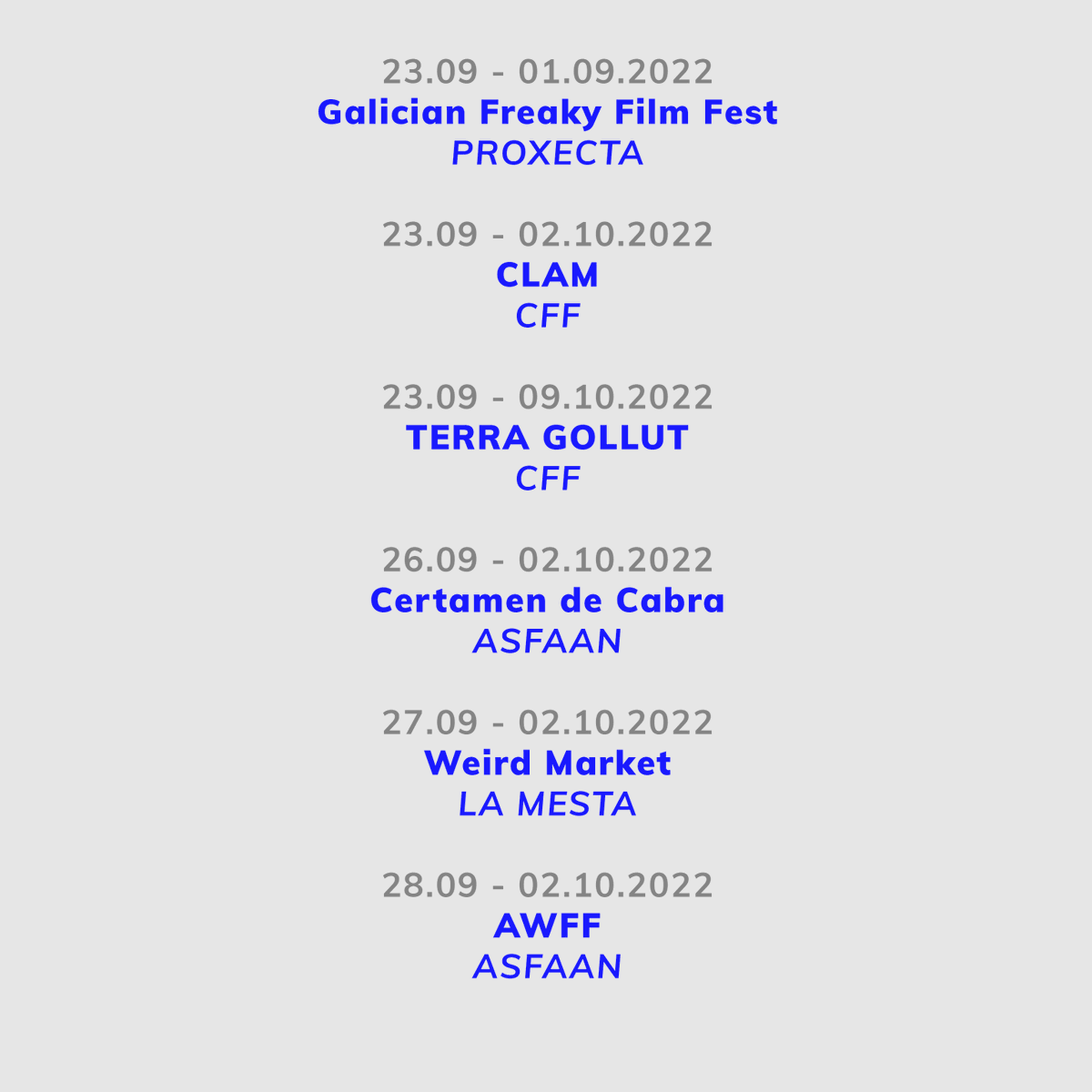 📢 #AgendaPantalla:
Llega el mes de septiembre y, con él, un buen puñado de #FestivalesPantalla. ¡Tomad nota! 📝

💻 Más información ⬇
federacionpantalla.es/agenda/

🖇 <a href="/Asfaan_/">ASFAAN - CINE</a> | <a href="/CATALUNYAFILMF/">Catalunya Film Festivals</a> | <a href="/IBFilmFestivals/">Illes Balears Film Festivals</a> | #LaMesta | <a href="/proxecta_/">PROXECTA | Coordinadora Galega Festivais Cinema</a>