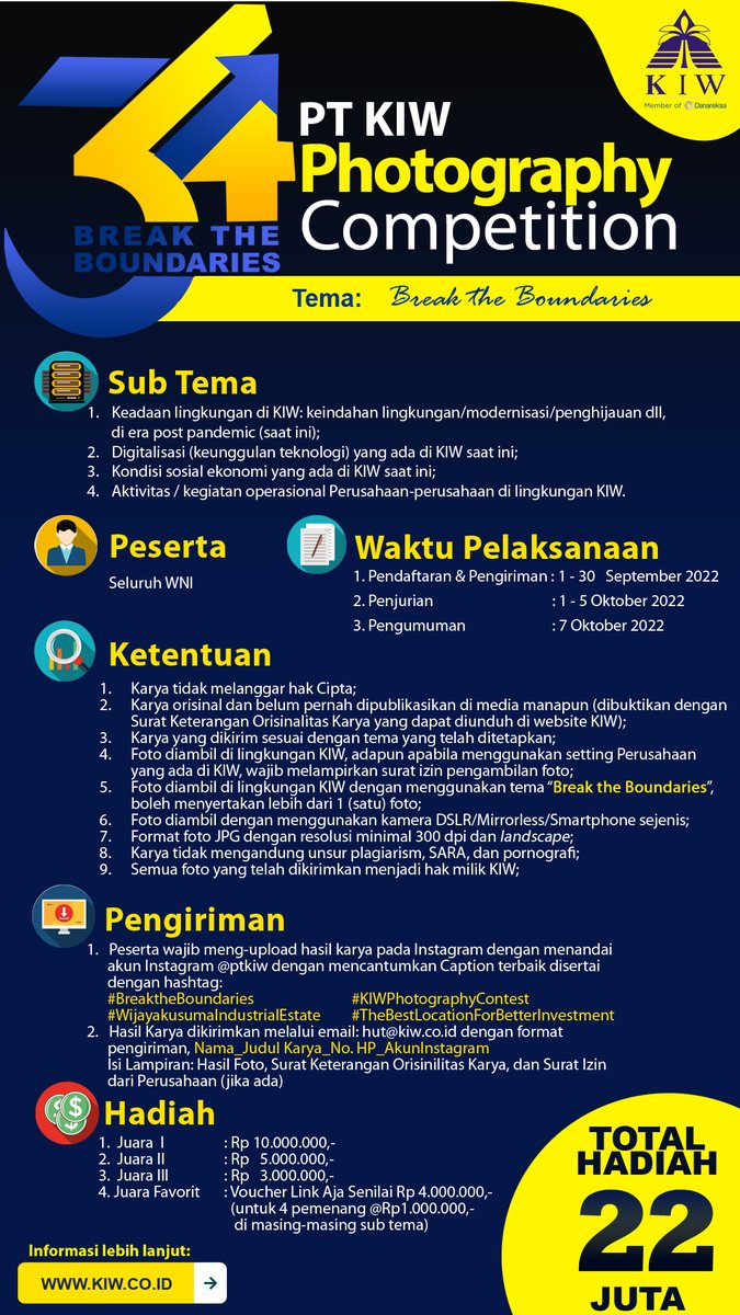 ptkiw's tweet photo. #SobatKIW #InfoPenting
Semarakkan hari ulang tahun PT Kawasan Industri Wijayakusuma ke-34 dengan mengikuti lomba fotografi dengan tema "Break the Boundaries".

Tidak tanggung-tanggung, total hadiah sebesar Rp 22 juta! 😍

Informasi lengkap: https://t.co/mVTF9D6Vx2 

#lombafoto https://t.co/TmdM2CVSmC