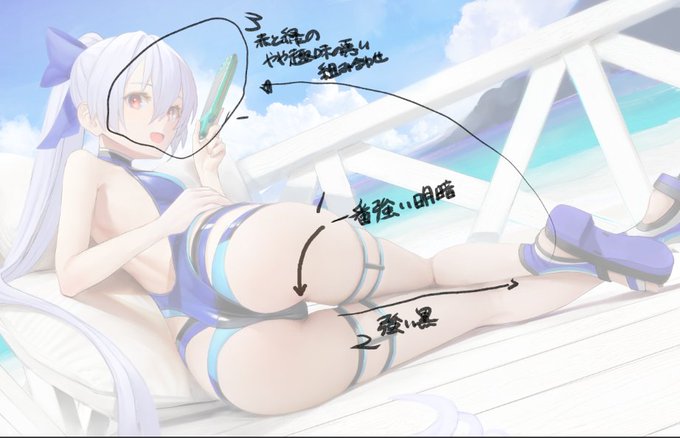 縫い目入れてリアル感出てくれと念じてます。
全体としては股間部に一番強い黒と床の白を不自然なくらい白くしてコントラストを作って足のオクルージョンシャドウに沿って視線が行ってくれれば成功で後は思い出した程度に顔に行ってくれないかなーと画面内に無い色を2つほど突っ込みました。→ 