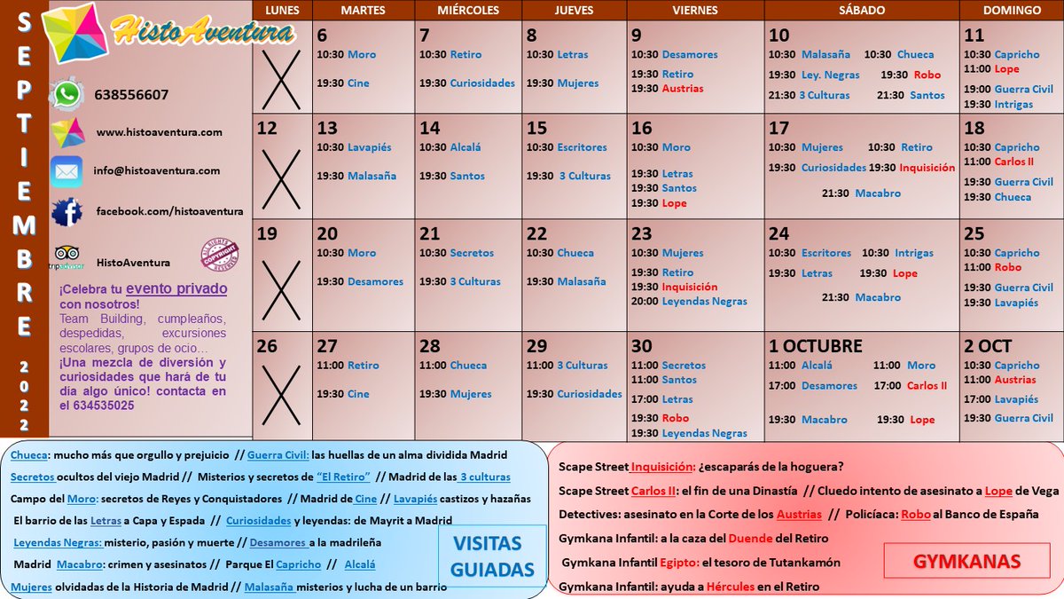 Agenda actividades de  #Septiembre2022 en #Madrid 👣👀
¡No te quedes sin planes este mes! 

Reservas a través de:⠀⠀⠀⠀⠀⠀⠀
☎️ 638556607 / grupos privados 634535025
🔗 histoaventura.com 
✉️ Info@histoaventura.com

¡PLAZAS LIMITADAS! ¡OS ESPERAMOS!