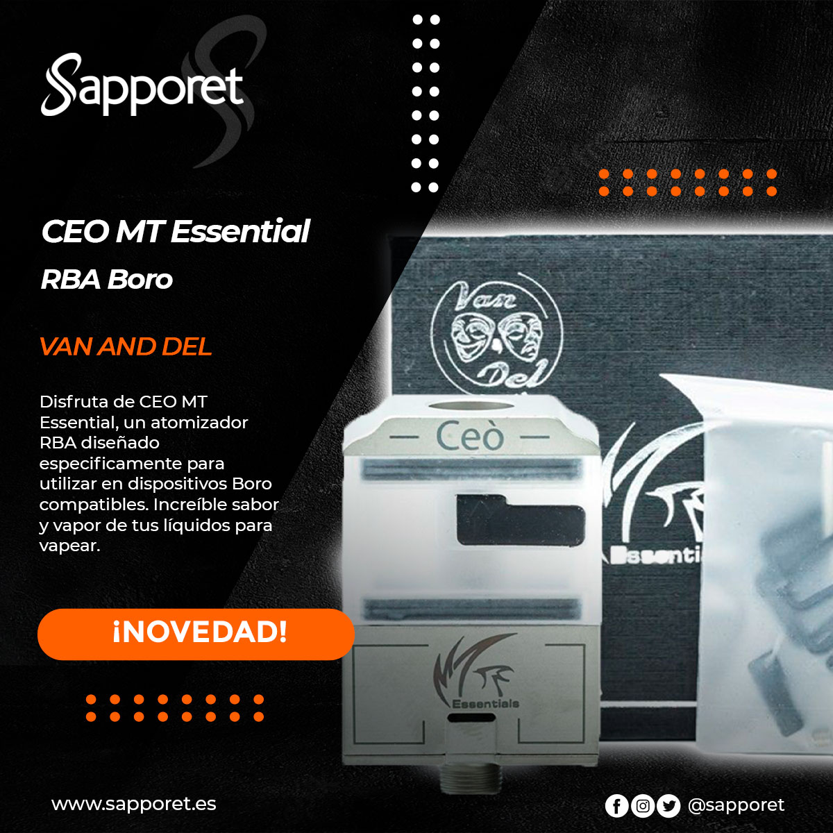🆕CEO Mt Essentials Boro Tank de Van &amp; Del Design, un nuevo dispositivo de los creadores de productos de vapeo exitosos como fueron el Haar o el Genesis, nos presentan ahora un nuevo tanque para los dispositivos compatibles con cartucho boro como son las Billetbox.🆕
