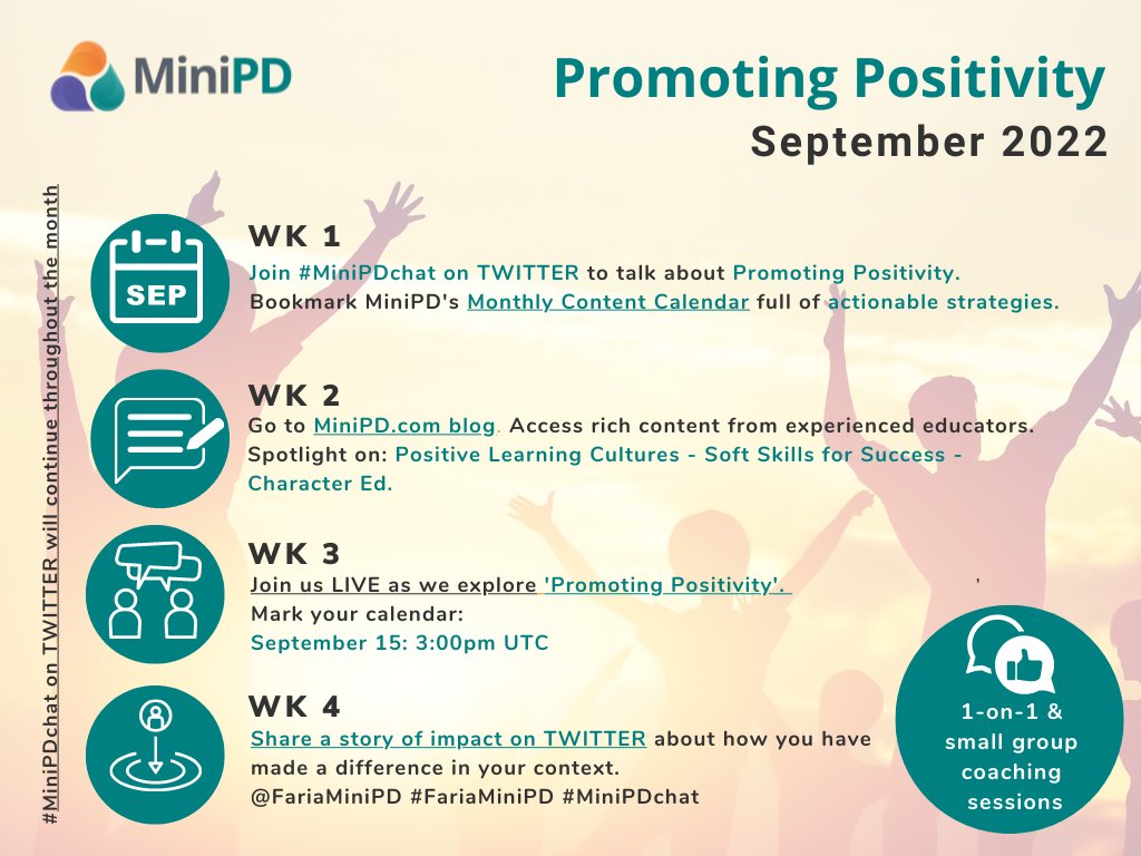 MyMiniPD's tweet photo. 👋Welcome to September #MiniPDCommunity!

➕Our content focus is on Promoting Positivity. 

👋We hope you can join the #MiniPDcommunity as we learn and grow together.

💥Mini experiences that lead to huge impact! https://t.co/Z5m58wlkBv