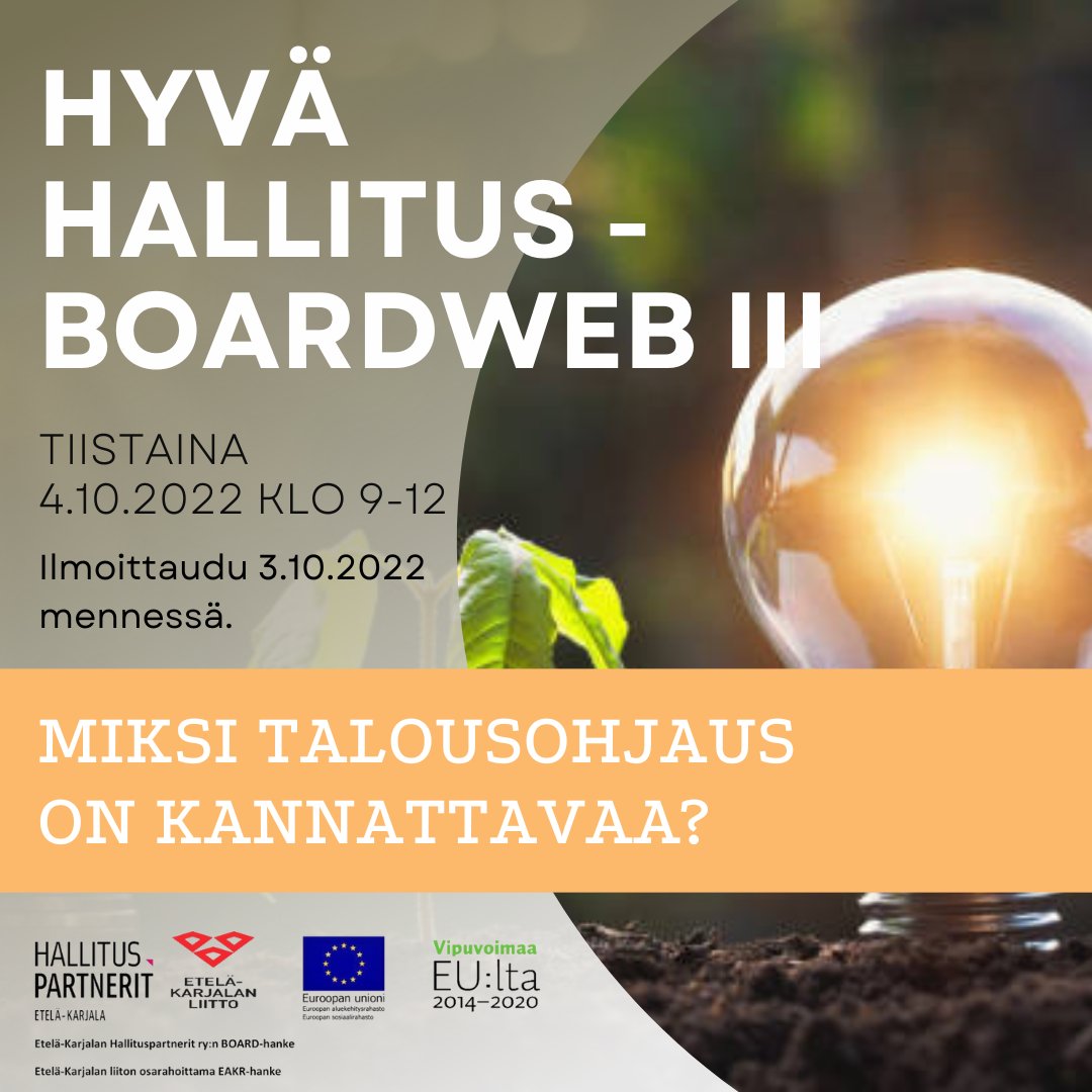 Yrityksen toimintaympäristö muuttuu jatkuvasti. Hallituksen päätöksenteon tukena tarvitaan faktaa. Tule webinaariin, jossa käsitellään hallituksen vaatimukset ja menestystekijät.
Lue: 
etela-karjala.hallituspartnerit.fi/tapahtumat/ 
#ekhp #board2022 #kehittyvähallitus #hallitustyö #stategia #johtaminen