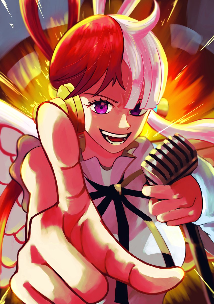 1girl split-color hair red hair microphone solo white hair headphones  illustration images