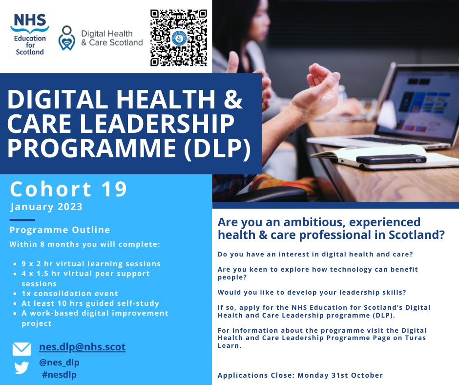 NES DLP (@nes_dlp) on Twitter photo We are excited to announce that applications are now open for Cohort 19!! Open to health, care and housing staff. Application deadline 31st Oct 23. Start date Jan 23. learn.nes.nhs.scot/52828
<a href="/lesleyahpd/">Prof Lesley Holdsworth OBE</a> @SerKeithofDow <a href="/markfleming1/">Mark Fleming</a> <a href="/Bairdp/">Paula Baird</a>
<a href="/DigiCare4Scot/">DigiHealthCareScot</a> <a href="/Digicare4North/">Digital Health & Care for the North of Scotland</a> We are excited to announce that applications are now open for Cohort 19!! Open to health, care and housing staff. Application deadline 31st Oct 23. Start date Jan 23. learn.nes.nhs.scot/52828
<a href="/lesleyahpd/">Prof Lesley Holdsworth OBE</a> @SerKeithofDow <a href="/markfleming1/">Mark Fleming</a> <a href="/Bairdp/">Paula Baird</a>
<a href="/DigiCare4Scot/">DigiHealthCareScot</a> <a href="/Digicare4North/">Digital Health & Care for the North of Scotland</a>