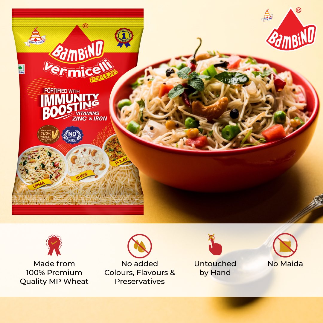 Bambino Vermicelli made from only
the best ingredients and is enriched with immunity boosting vitamins, zinc & iron ✔️💪🏼

#BambinoPasta #Bambino #Sooji #Upma #Kheer #Vermicelli #VermicelliUpma #Semiya #SemiyaUpma #Nutritious #Vitamins #Zinc #Iron #Protein #ShopNow