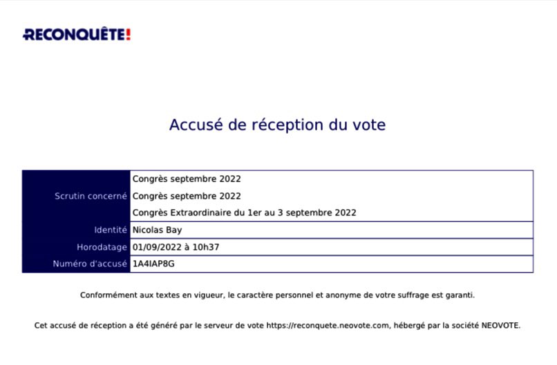 NicolasBay_'s tweet photo. Chers amis adhérents de @Reconquete_off, je vous invite à participer à notre congrès extraordinaire en votant pour nos nouveaux statuts jusqu’au 3 septembre. 

Comme depuis le début chez Reconquete, votre voix compte ! #CongrèsReconquête https://t.co/keI52Ub4hp