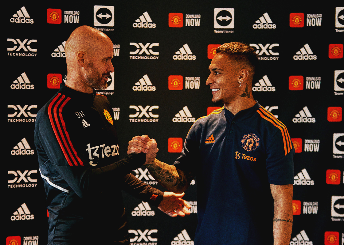 Erik ten Hag and Antony shake hands.
