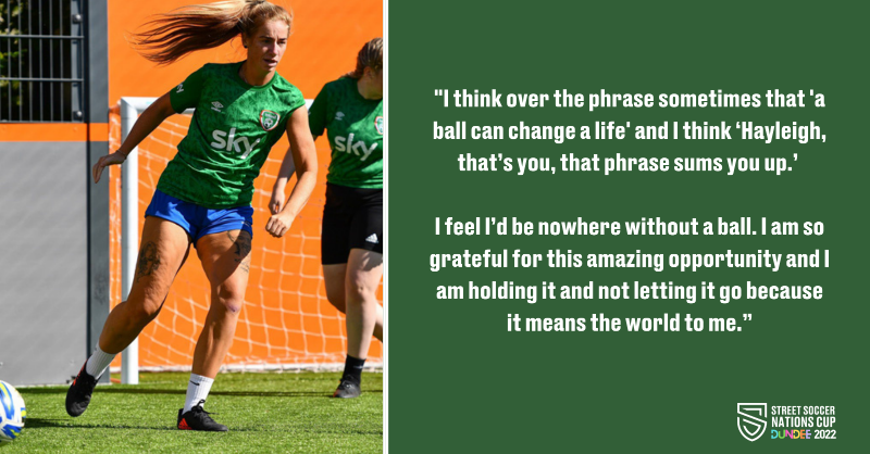 streetsoccerSCO's tweet photo. Hayleigh will be representing #TeamIreland in Dundee at the #SSNationsCup. 

She believes that football changed her life for the better and says that the chance to play for her country is progress towards her dreams.

@IrishStLeague #SameTeam