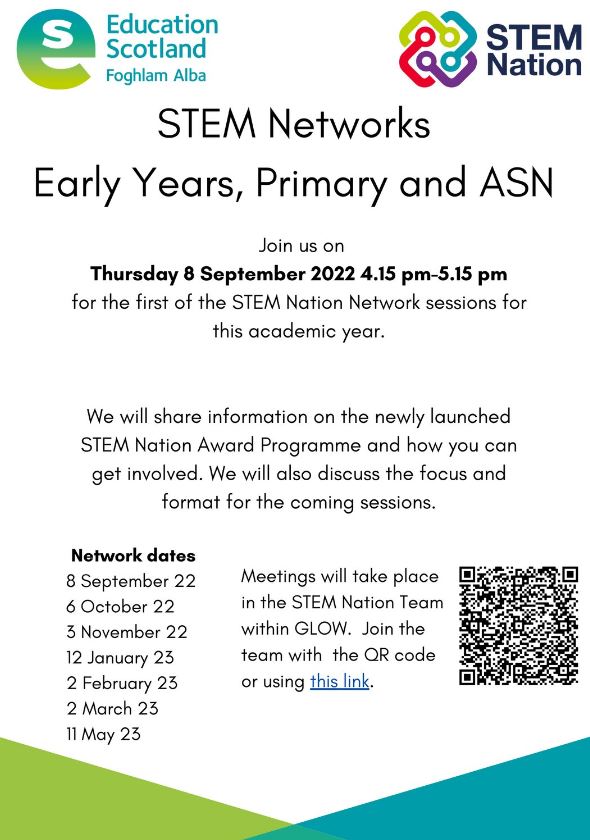 ⭐ Join us on 8 September for the first STEM Networks Early Years, Primary &amp; ASN session 22-23.
Find out how to get involved in the newly launched STEM Nation Award Programme &amp; help shape the focus &amp; format for upcoming sessions.