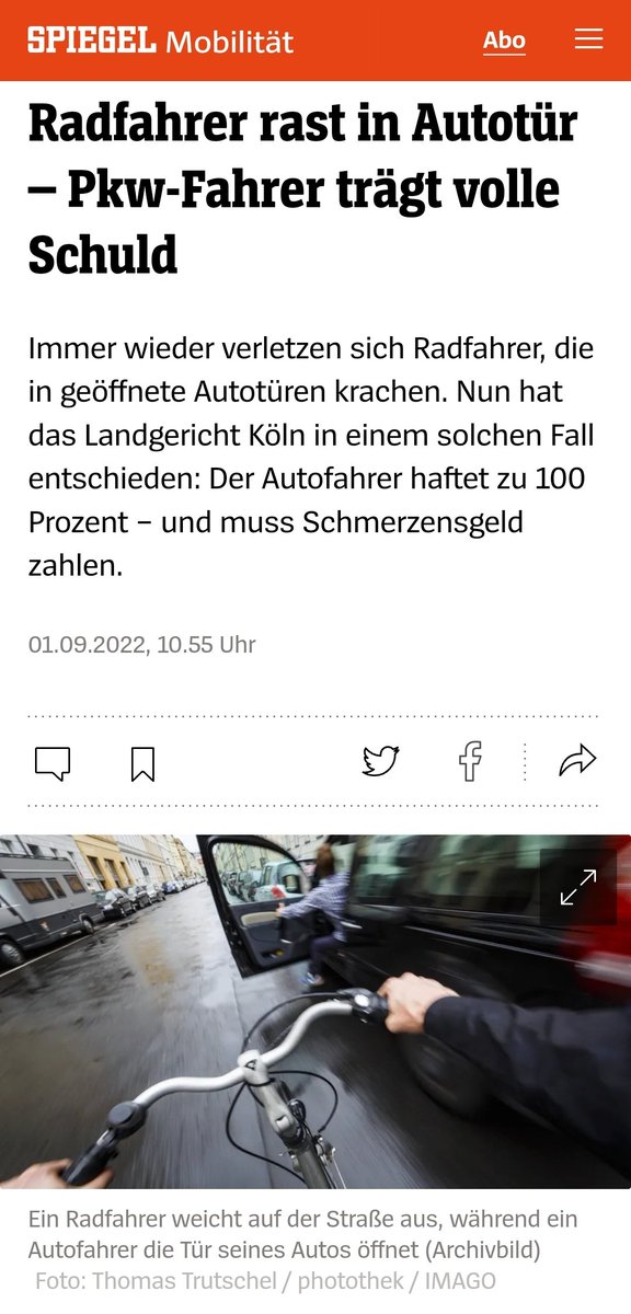 Schön, dass das jetzt auch gerichtlich klargestellt ist: wer seine Autotür aufreißt ohne nach hinten zu schauen und so einen #Dooring-Unfall mit einem Radfahrer verursacht haftet für den Schaden - und zwar zu 100 % &amp; muss Schmerzensgeld zahlen. #Rechtkommt
spiegel.de/auto/dooring-u…