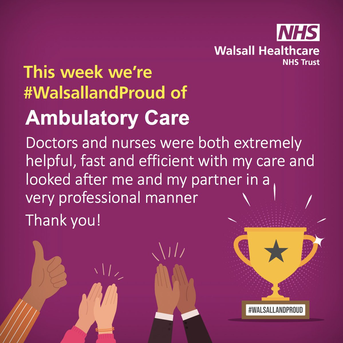 WalsallHcareNHS's tweet photo. This week we are #WalsallandProud of Ambulatory Care!

Great work guys 😀 https://t.co/TZaS6jIVMD