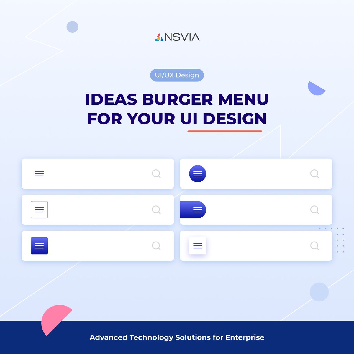 ansvia's tweet photo. Beberapa ide yang bisa kalian aplikasikan agar desain burger menu tidak melulu monoton!
Desain nomor berapa yang jadi favorit kalian?
#ansvia #advancedtechnologysolutionforenterprise #uidesign #uxdesign #hamburgermenubutton #idemenu #uiuxdesign #burgermenu https://t.co/uuoU711MS4