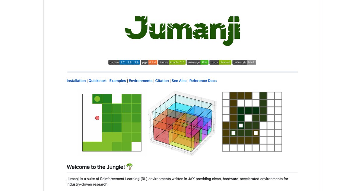 1/ We’re happy to announce our latest contribution to the open-source ecosystem and RL community! We are releasing Jumanji, a suite of Industry-Driven Reinforcement Learning environments written in #JAX
 
📚 Doc: tinyurl.com/doc-jumanji
⭐ Github: tinyurl.com/code-jumanji