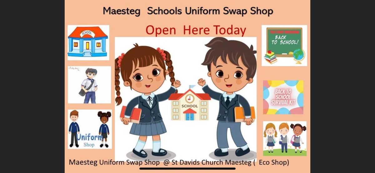 ThomasHBeedle's tweet photo. Maesteg School Uniform Swap Shop
Back to school opening event 

We are open on Thursday 1st September between 1pm- 3:30pm , an opportunity to get what you need  before school starts back https://t.co/DAyjEAYABh