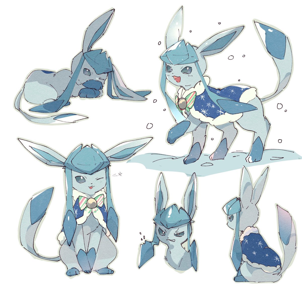 glaceon no humans pokemon (creature) one eye closed open mouth smile standing white background  illustration images