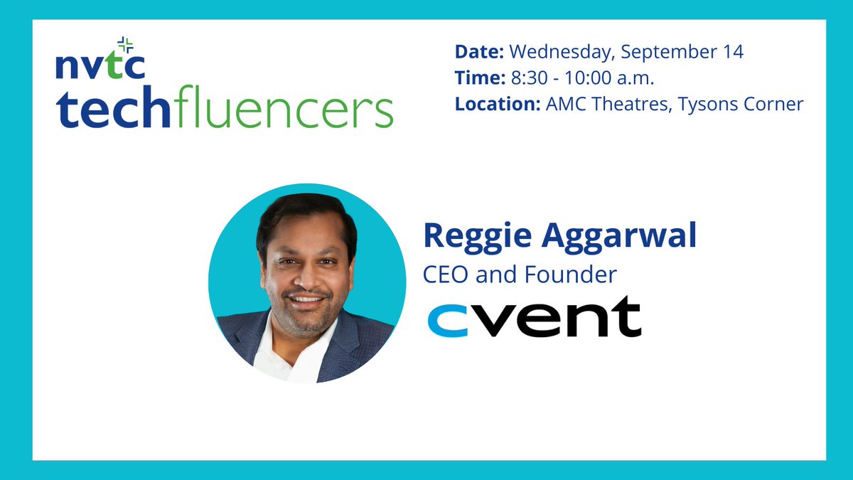 Attend NVTC TechFluencers in-person event featuring one of the region's most successful #entrepreneurs, <a href="/ReggieAggarwal/">Reggie Aggarwal</a> CEO, <a href="/cvent/">Cvent</a> Learn how Reggie grew his start-up into a multi-billion-dollar business with 21,000+ customers worldwide.  RSVP: ow.ly/OamR50KknEZ