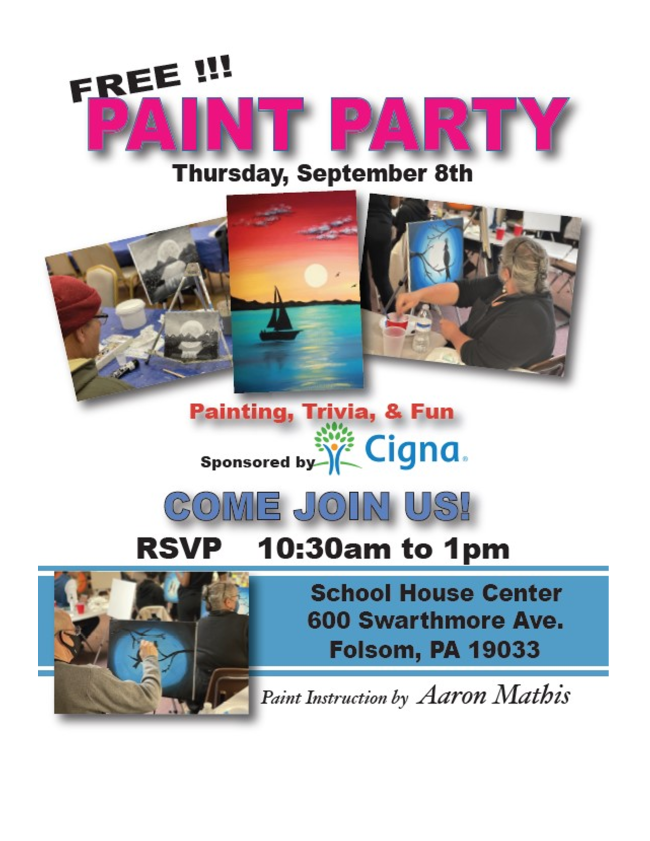 scs_delco's tweet photo. Don't miss the Schoolhouse Center Paint Party with Aaron Mathis, our acrylic painting instructor, NEXT Thursday, Sept. 8 from 10:30am to 1pm. FREE of charge, thanks to CIGNA! RSVP TO 610-237-8100.
#PaintParty #SeniorArts #GetCreative #Delco_Seniors #Active_Aging https://t.co/EU5oKkVJia