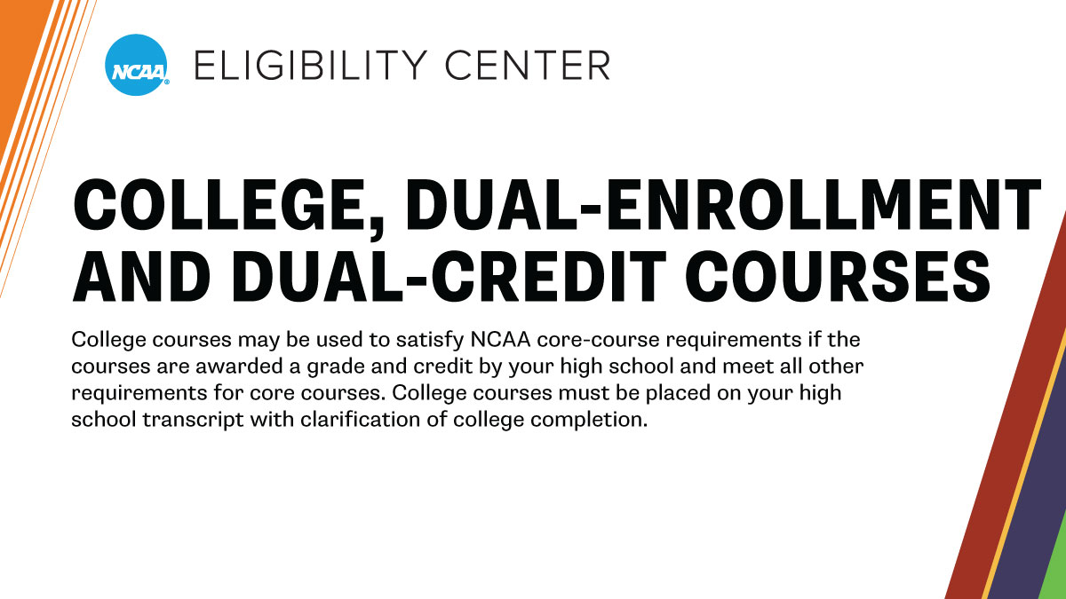 NCAA Eligibility Center (@ncaaec) on Twitter photo DYK? College courses may be used to satisfy <a href="/ncaaec/">NCAA Eligibility Center</a> core-course requirements.
➡️ on.ncaa.com/CollegeDual DYK? College courses may be used to satisfy <a href="/ncaaec/">NCAA Eligibility Center</a> core-course requirements.
➡️ on.ncaa.com/CollegeDual