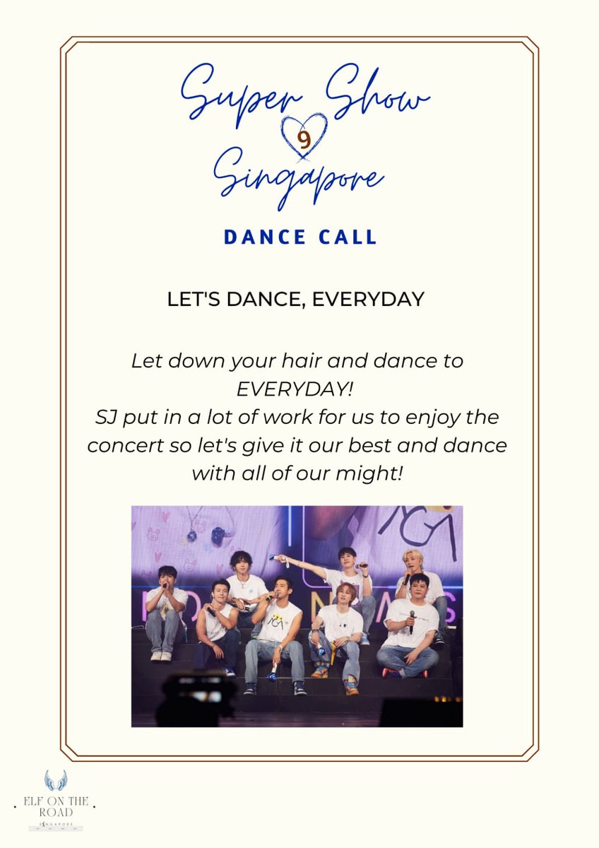 SGELFontheroad's tweet photo. D2 TO #SuperShow9inSG 

CALLIN all Singapore ELFs! 

Let Singapore be SUPER FUN and just dance to Everyday! Imagine #SUPERJUNIOR seeing the ENTIRE CONCERT HALL DANCING TOGETHER WITH THEM 💙 

Please encourage everyone to join in the fun! 👯‍♀️👯‍♂️

#SS9inSG https://t.co/zXQCcedBLP