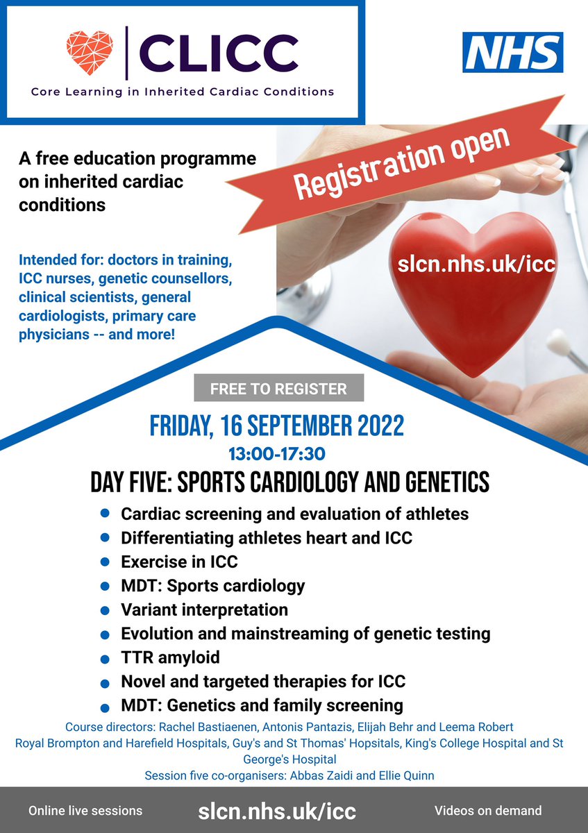 CLICC is back after the summer break! Join us in a couple of weeks for Sports Cardiology and Genetics #CLICC2022 #CardioEd @elliemquinn @MichaelPapadak2 @robert_leema @BehrElijah @DrAneilMalhotra @AiccUk @TheBJCA @GSTTnhs