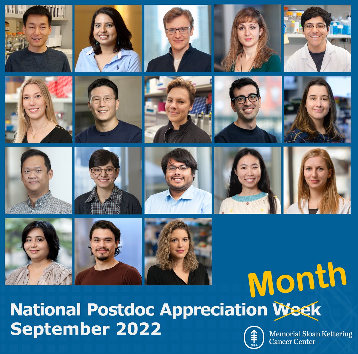 2022 National Postdoc Appreciation Week (#NPAW2022) is coming on 9/19. A week is never enough for us to celebrate our remarkable #MSKPostdocs (@MSKPDA), so we dedicate the entire month of September to them 🥳 Stay tuned to learn about our outstanding scientists @MSKCancerCenter