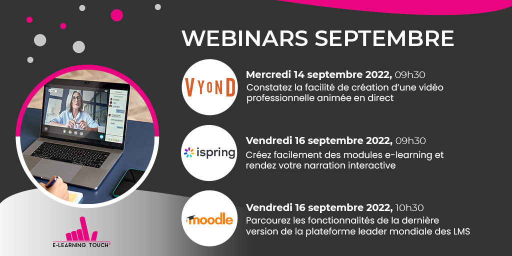 elearningtouch's tweet photo. 🎧 Webinars de rentrée 🎧
Nos webinars sont totalement gratuits. N’hésitez pas à nous demander une démo sur la solution de votre choix !
https://t.co/tbbFHfiDNJ
#elearning #rapidlearning #lms @iSpringPro @Moodle @Vyond https://t.co/3klffNQNMM
