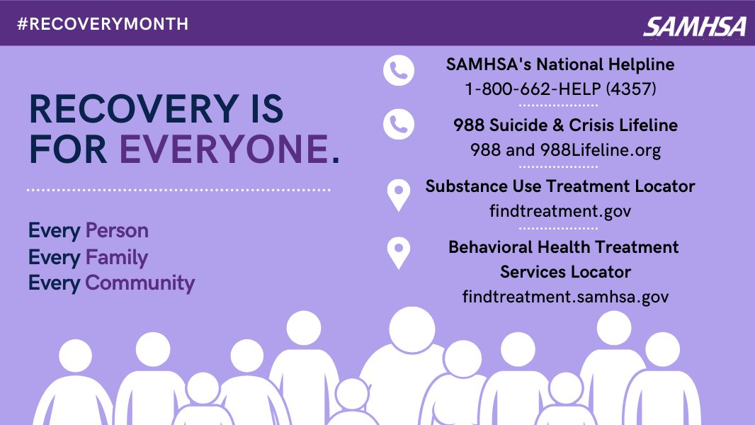 samhsagov's tweet image. Happy #RecoveryMonth 💜
We dedicate this month to celebrate the power of recovery from substance use disorders and mental health conditions. 

#RecoveryIsPossible for EVERYONE! samhsa.gov/find-help