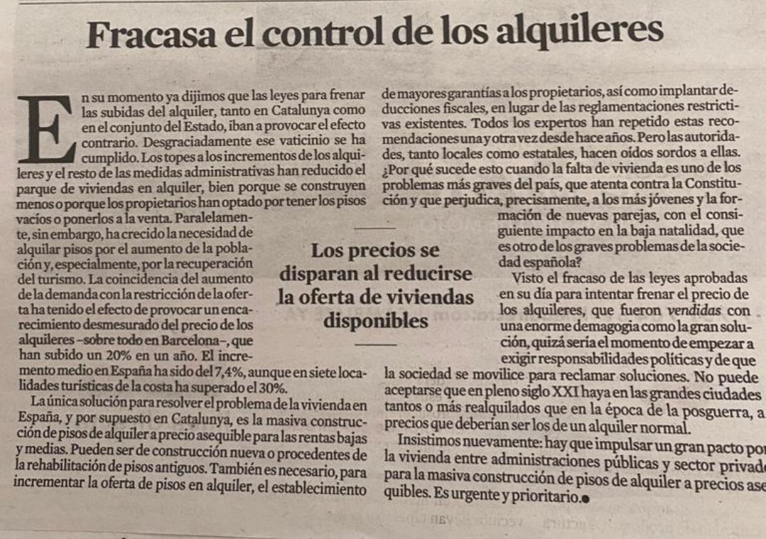 JaimePalomera's tweet photo. Editorial surrealista de La Vanguardia. Dice que el precio del alquiler sube ahora en Barcelona por culpa de la ley que los limita, y olvida mencionar que dicha ley fue derogada hace 6 meses. ¡Si el precio del alquiler sube es justamente porque ya no hay ningún tipo de freno! https://t.co/rG2d16RtsU