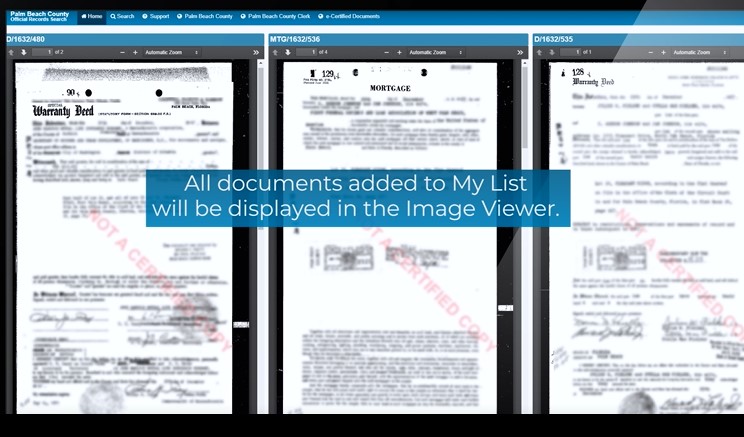 ClerkPBC's tweet photo. Here's an Official Records #SearchTip: Searching for multiple documents at once? You can add them to your 'List' by clicking on the plus (+) icon, then clicking on the Viewer button. Users can view, print and download their documents from this screen. https://t.co/Qdqa9Wosft