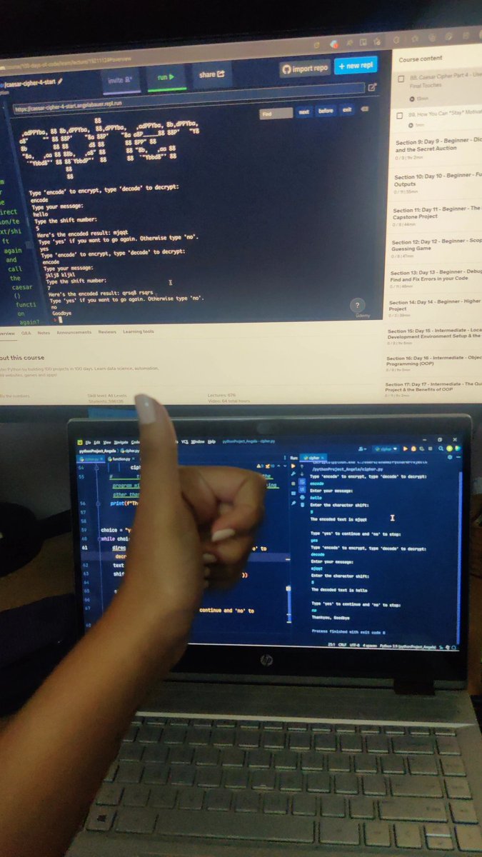 CyberCoder_0001's tweet image. #100daysofcodechallenge
Day 8 : Learnt more on Functions, built a Cipher code and decode game using this knowledge When you actually apply what you have learnt, that's when you start enjoying 🥳
#100daysofpython #Python #code #learning #100daysofpractice