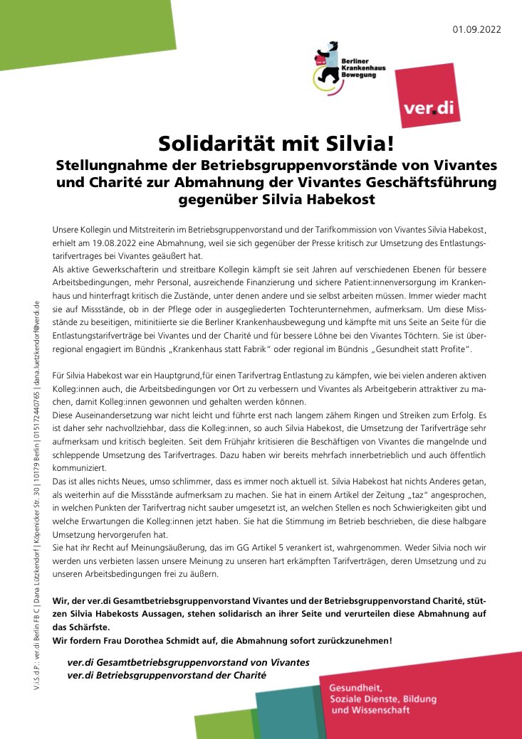 DaLuetzke's tweet photo. #Solidarität mit Silvia.  Ganz bestimmt lassen weder Silvia noch die Kolleginnen sich von der GF Vivantes verbieten, sich frei zu äußern. Sie machen weiter und das ist gut so. https://t.co/aEHR8SFllT