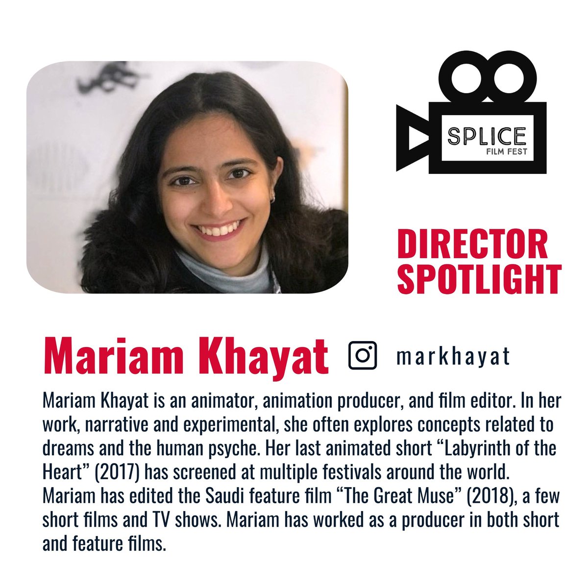 SpliceFilmFest's tweet photo. Mariam Khayat - DIRECTOR SPOTLIGHT

Mariam Khayat is an animator, animation producer, and film editor. In her work, narrative and experimental, she often explores concepts related to dreams and the human psyche. Mariam has worked as a producer in both short and feature films. https://t.co/eOvBKHKPvI