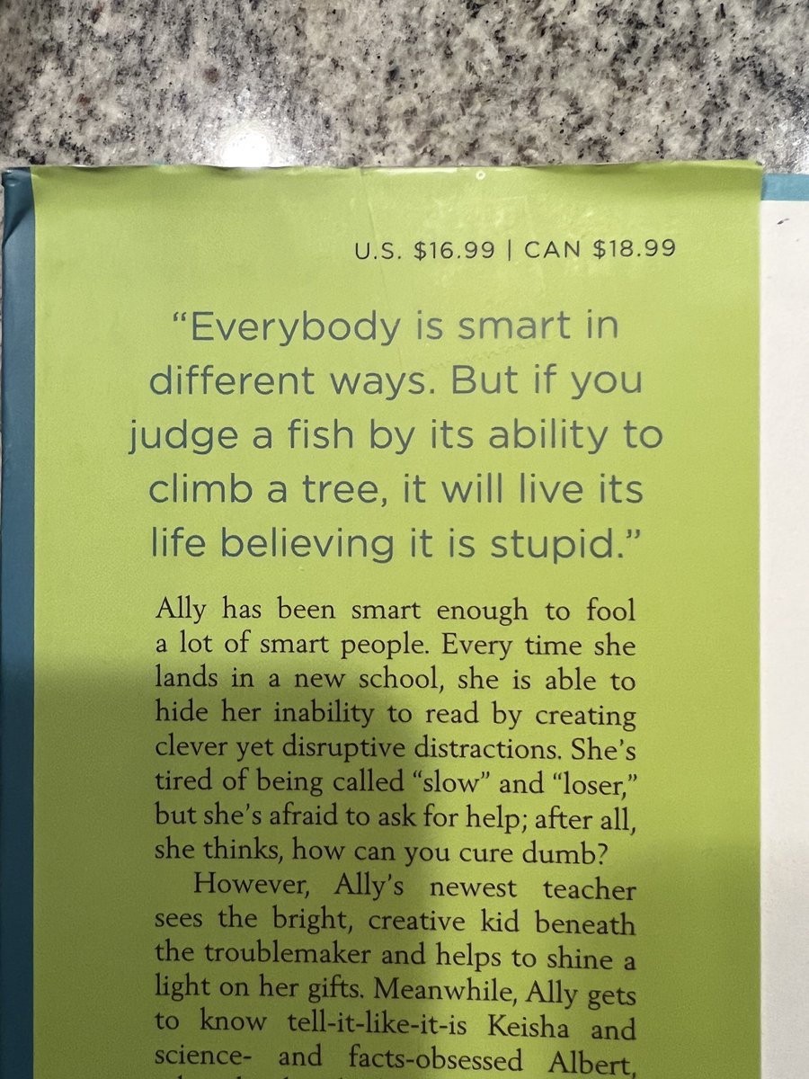 My daughter 👧🏻 is reading this book and I just loved this line: “Everybody is smart in different ways. But if you judge a fish by it’s ability to climb a tree, it will live its life believing it is stupid”. 🐠