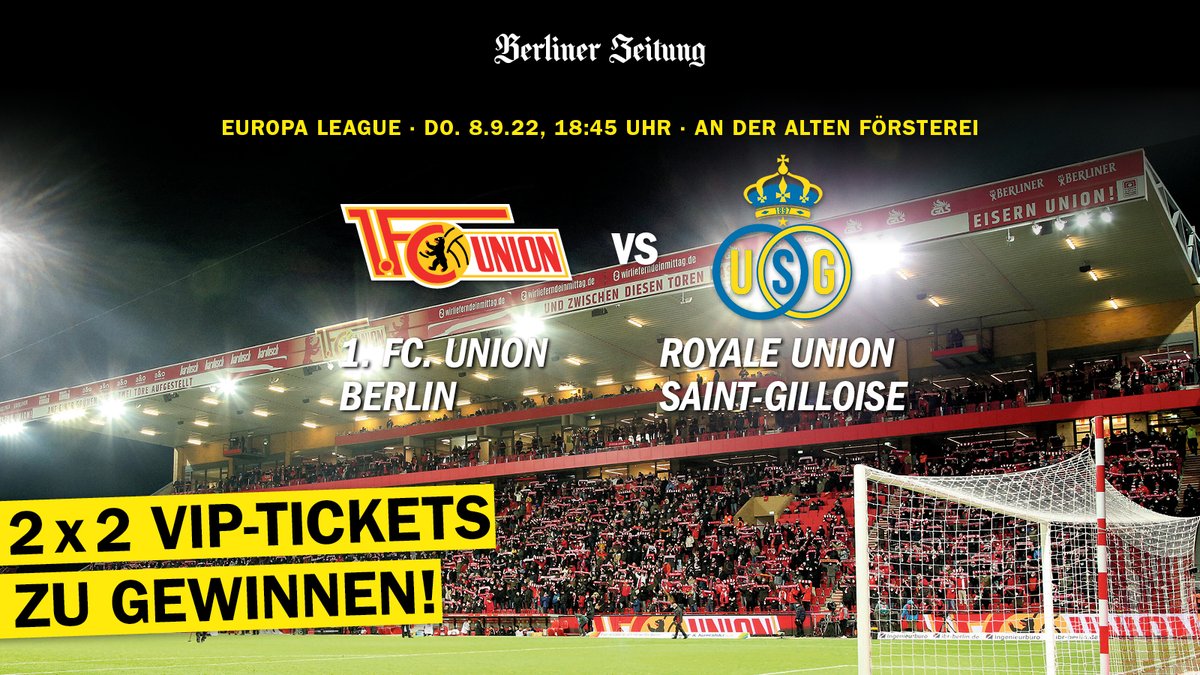 berlinerzeitung's tweet photo. Ihr wollt zum Europa-League Auftakt vom @fcunion? Das müsst ihr tun, um am #Gewinnspiel teilzunehmen: 

1. Beitrag Liken
2. Berliner Zeitung folgen
3. Beitrag teilen
4. Freund markieren

Teilnahmeschluss ist 7.09.2022, 17 Uhr, die Gewinner werden per PN angeschrieben.#UNVEUROPA https://t.co/TKTz1vO0ov