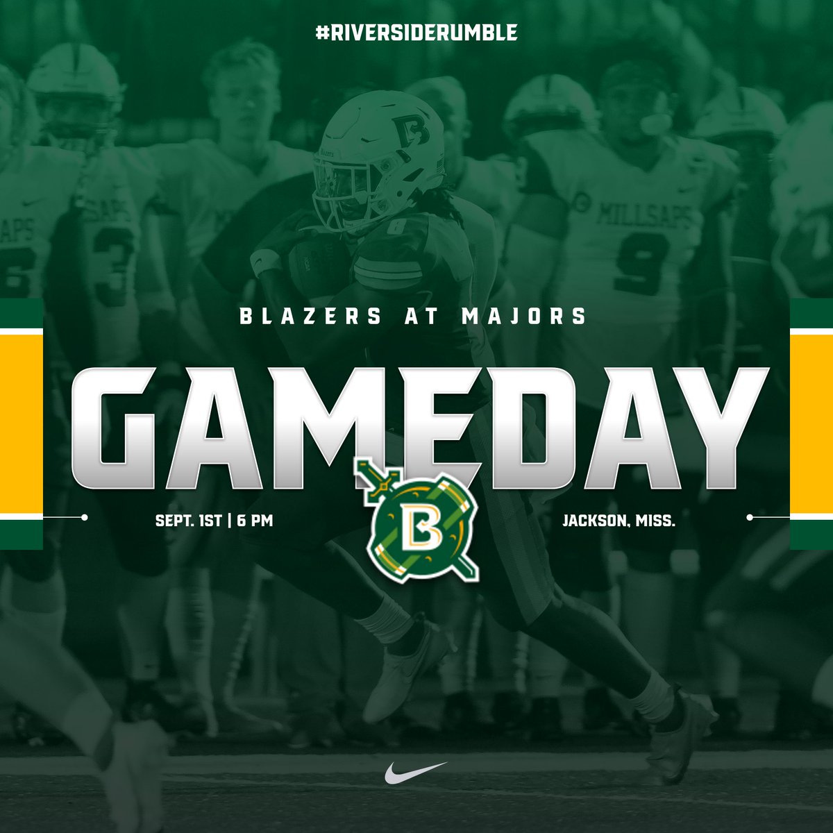 BelhavenBlazers's tweet photo. 𝗕𝗟𝗔𝗭𝗘𝗥𝗦 𝗡𝗔𝗧𝗜𝗢𝗡, 𝗟𝗘𝗧'𝗦 𝗥𝗜𝗗𝗘🏈

⚔️ | Riverside Rumble
🆚 | Millsaps
⏰ | 6 PM
📍 | Jackson, MS
🏟️ | Harper Davis Field
📊 | https://t.co/shJbkFxw9y
🖥️ | https://t.co/e4Z8NHkgEb

#GoBlazers https://t.co/bIgCMBeR2X