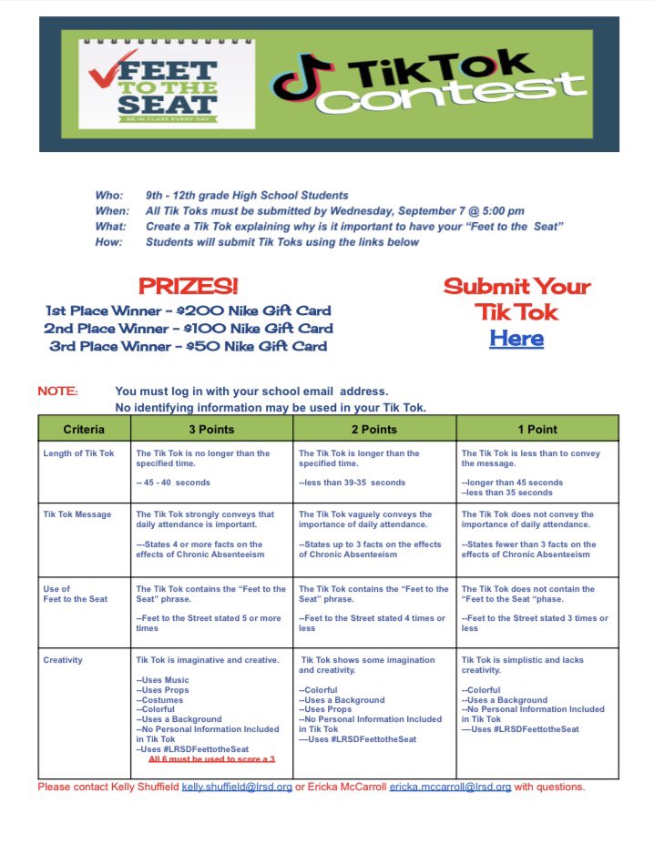 West students: Enter the “Feet to the Seat” Tik Tok contest for a chance to win a $200, $100, or $50 Nike gift card!!! #reimagininglrsd #beyourbestatwest #DragonNation #feettotheseat #lrsdfeettotheseat <a href="/lrsd/">Little Rock School District</a> <a href="/ErickaMcCarroll/">Ericka O’Neal McCarroll,Ed.D</a> <a href="/DrJermallWright/">Jermall Wright</a> <a href="/LoringShay/">Dr. Shay Spriggs-Loring</a> <a href="/PamelaSmithLR/">Pamela Smith</a>