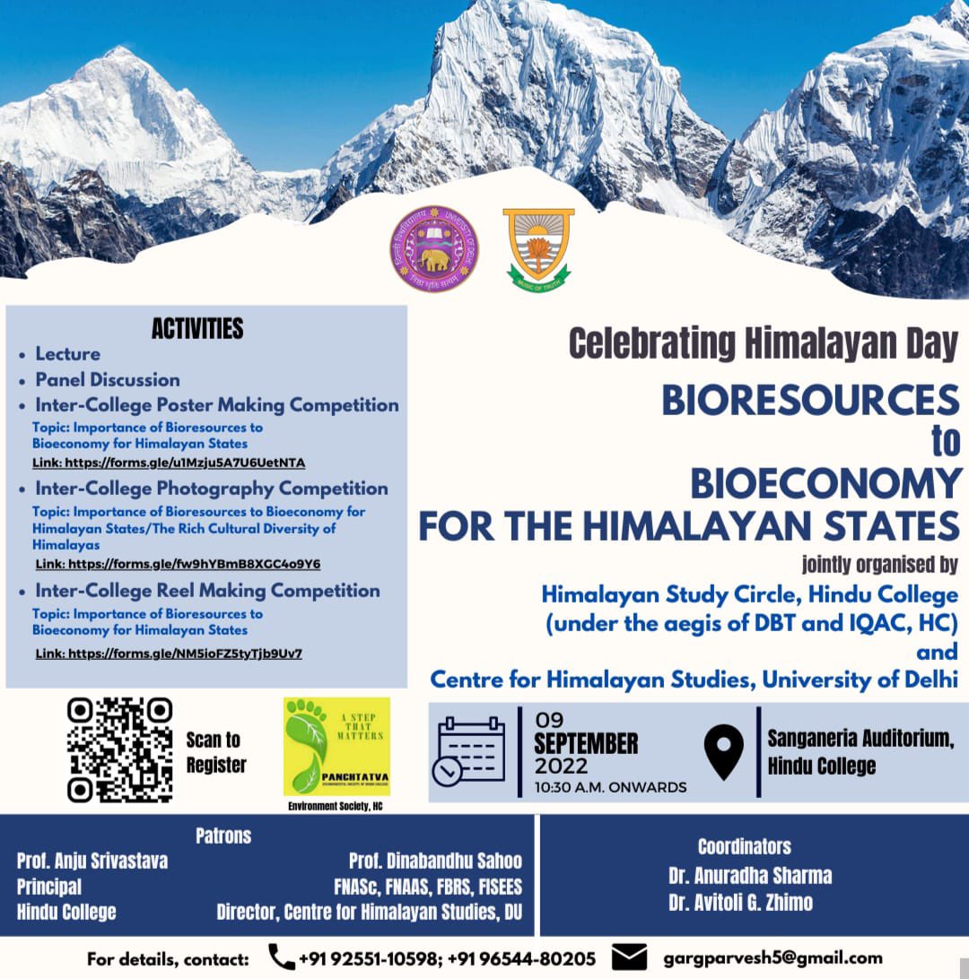 We are celebrating ‘Himalayan Day’ on 9 September at Hindu college, DU. Interested students may register to enter exciting competitions. linktr.ee/panchtatva.hin… #himalayanday #himalayanstudies #universityofdelhi #PhotographyCompetition #PosterMaking #ReelMakingCompetition