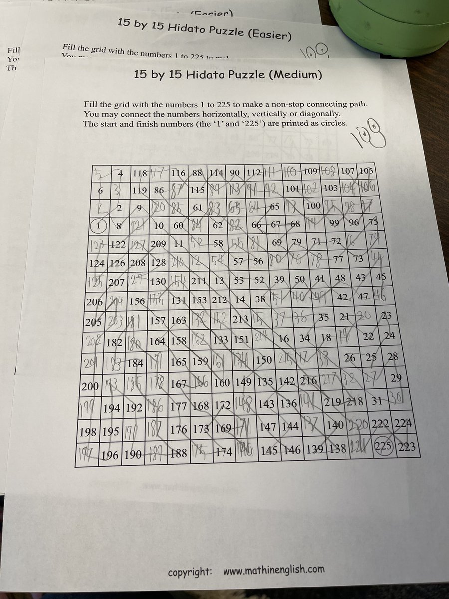 kfyoder1's tweet image. Reason #554 why I love my job!!  Shared my favorite logic puzzle last week and TWO students found more online, printed and solved them for me!  @NESTarget @MrsTLCline @CobbAlp #lovetothinkhere #hidato #selfdirectedlearners