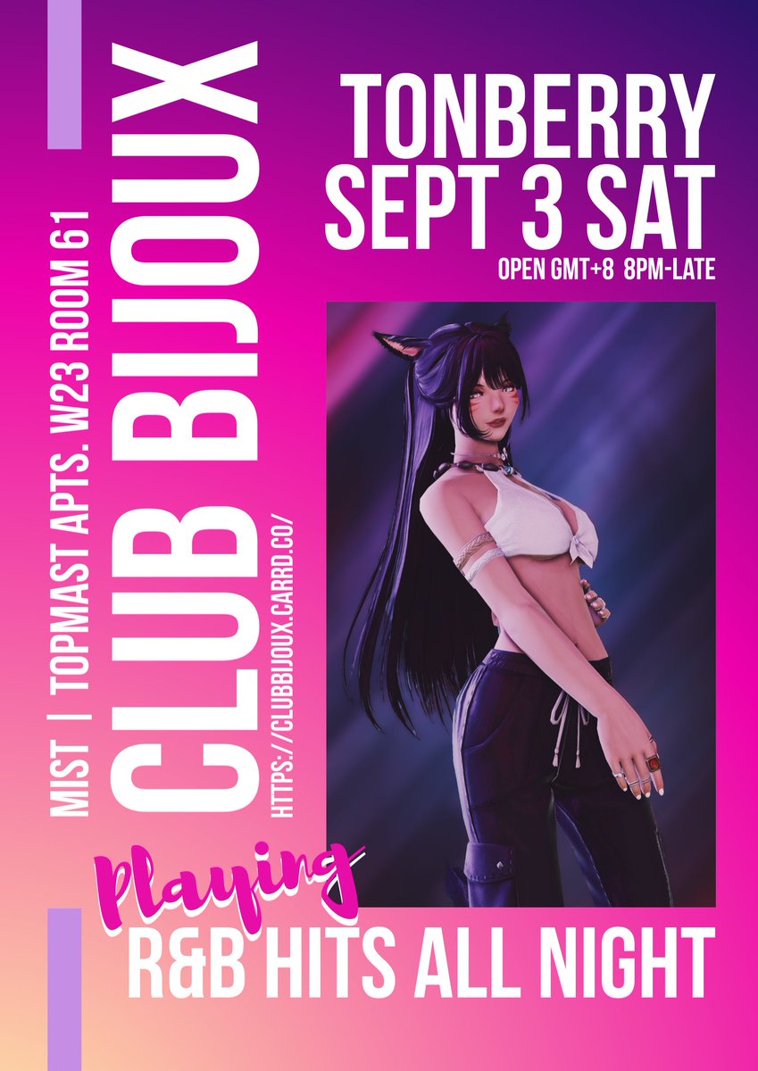 waifuXIV's tweet photo. It's nearly the weekend and if you're looking for some R&amp;R and good beats, come visit #Club_Bijoux this Saturday 3rd for some smooth R&amp;B hits! ❤️😘

https://t.co/LxjCIpqAvF https://t.co/Lgvjf6BK38
