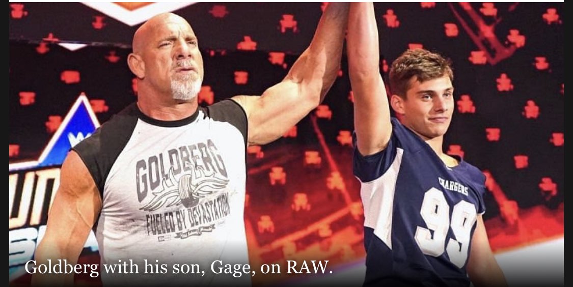 NIL_Apparel_LLC's tweet photo. WWE HOF superstar Goldberg passes torch to his son 2024 top national football recruit Gage Goldberg. With plenty of suitors knocking on the door, where will he land? https://t.co/ob1EzlTZUm