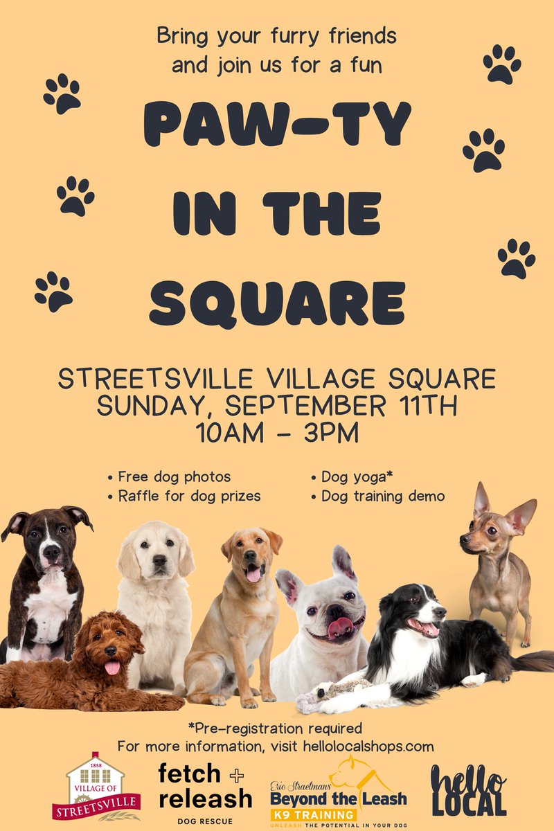hellolocalshops's tweet photo. Bring your furry friends and join us for a fun Paw-ty in the Square!!! Free dog photos, dog yoga, fog training demo and more! ๐พ
#streetsville #dogevent #pawty #Mississauga #supportlocalmississauga #RescueDogs #AdoptDontShop #dogcharity #dogrescue #dogtraining #dogphotos https://t.co/cypNCdfEou