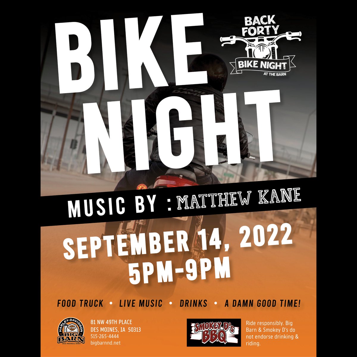 BigBarnHD's tweet photo. Join the Big Barn Harley-Davidson Community for Bike Night!

Bike Night is Wednesday, September 14th from 5PM to 9PM.

🔥Bike Night featuring Matthew Kane🔥

#desmoinesfoodtruck #drinksindesmoines #desmoinesevents #desmoines #bikerslife #desmoineslivemusic #desmoineslife https://t.co/pq7pF6NoT5