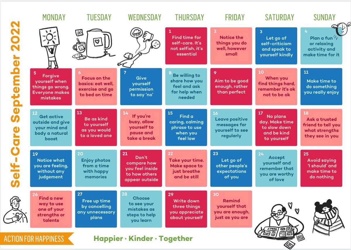 When we're kind to ourselves it also helps us respond more positively to what happens &amp; treat others more kindly too. Please see the #ActionforHappiness Self-care September calendar below, which is full of actions to help you be kinder to yourself. 💙
 Happy Thankful Thursday!☺️