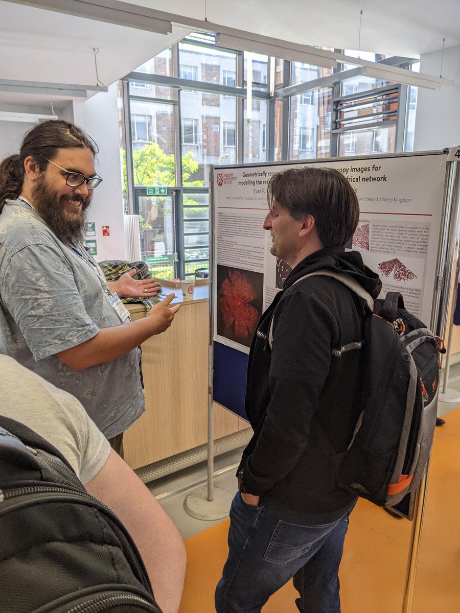 ImVIPconference's tweet photo. Evan P. Troendle (@eptroendle) illustrates 'Geometrically reconstructing confocal microscopy images for modelling the retinal microvasculature as a 3D cylindrical network' #IMVIP2022 at the @BCS_NI Poster Session (@Tim_M_Curtis) https://t.co/gnSwtsoaQy