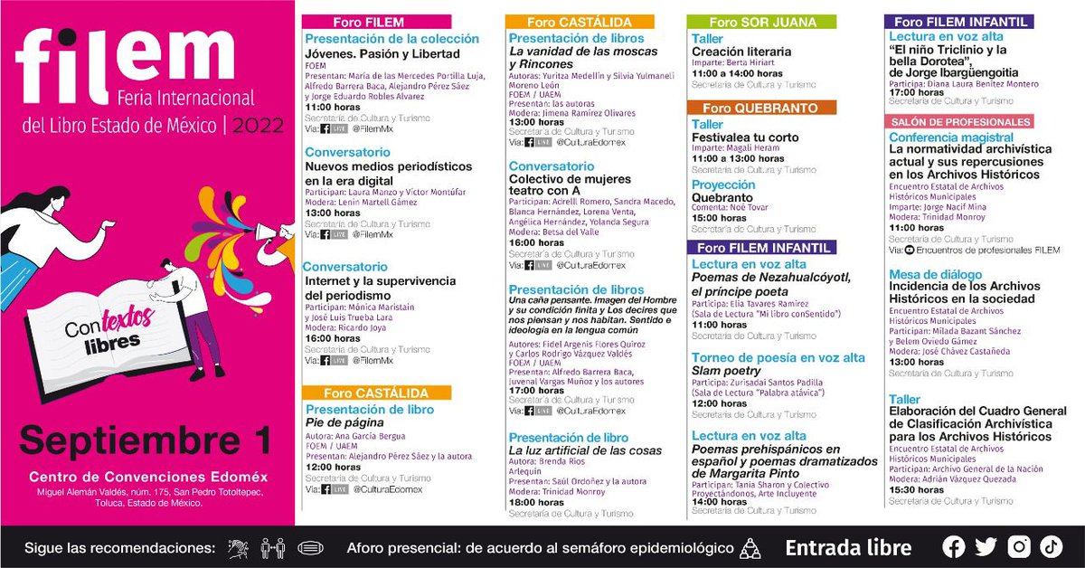 Edomex's tweet photo. No te puedes perder la oportunidad de visitar #Filem2022; si aún no lo has hecho, te compartimos las actividades de hoy: ⬇️ 📚 📕 
Te esperamos en el #CentroDeConvencionesEdoméx. 
Consulta el programa: https://t.co/NgtRtnOs3A https://t.co/z6q2rKjUIR