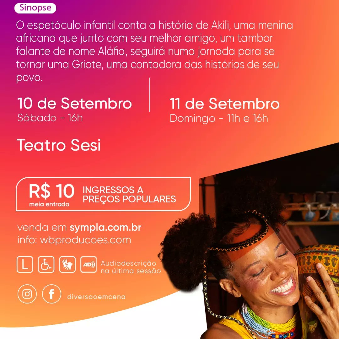 WB_Producoes's tweet photo. 💥 A "Menina Akili" está passando aqui para convidar todo mundo para conferir a nossa programação do @diversaoemcena em #Vix
Mais informações: https://t.co/npEHQMR5gj

#DiversãoEmCena #Cultura #WBProducoes #ArcelorMittalTubarão #TeatroInfantil #Teatro https://t.co/Bay7pBQbjv