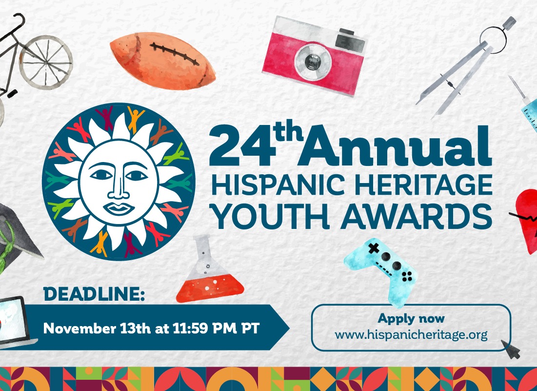 The applications for the 24th Annual Hispanic Heritage Youth Awards are now available online! 

To apply, students can visit hhfyouthawards.com

Applications must be submitted no later than November 13, 2022. Read more: hhf.page.link/8TPQ 
#YA24 #HHFYouthAwards24